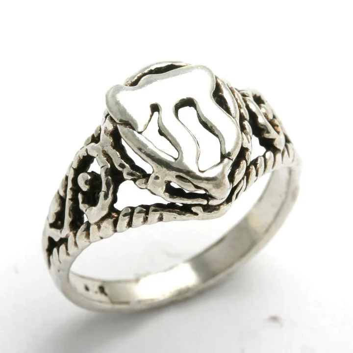 personalized gold rings for women-Sterling Silver Chai Ring Filigree Oxidized Judaica