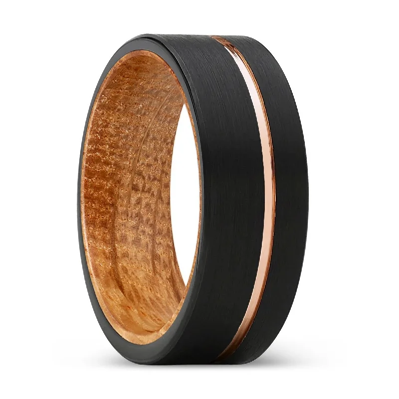 trendy rings for women-DYNAMIC | Whiskey Barrel Wood, Black Tungsten Ring, Rose Gold Offset Groove, Brushed, Flat