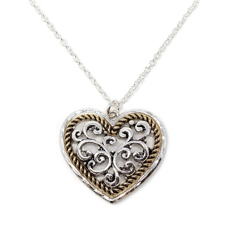 fine jewelry necklaces for women-Two Tone Filigree Heart Necklace