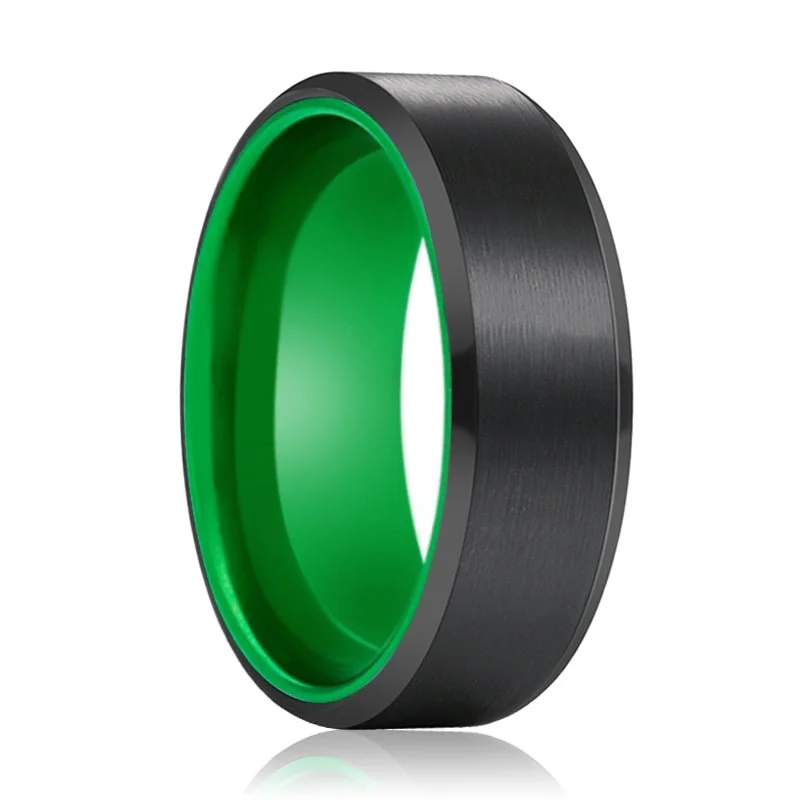 large statement rings for women-GUMBY | Green Ring, Black Tungsten Ring, Brushed, Beveled