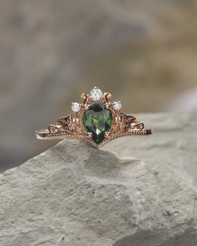 minimalist engagement rings for women-Engagement ring with green sapphire and diamonds / Ariadne pear cut