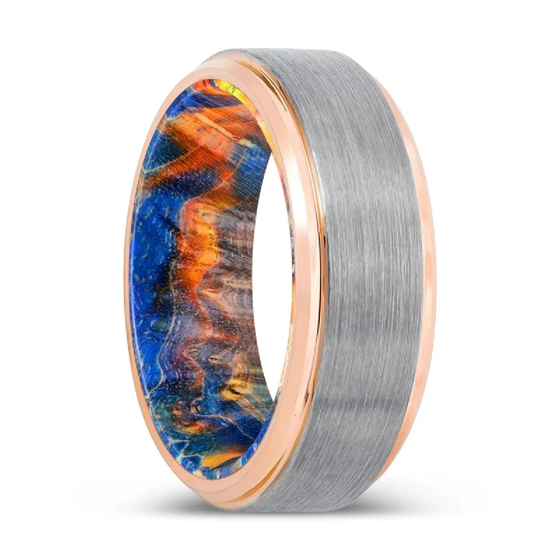 beautiful stackable rings for women-BOBCAT | Blue & Yellow/Orange Wood, Silver Tungsten Ring, Brushed, Rose Gold Stepped Edge