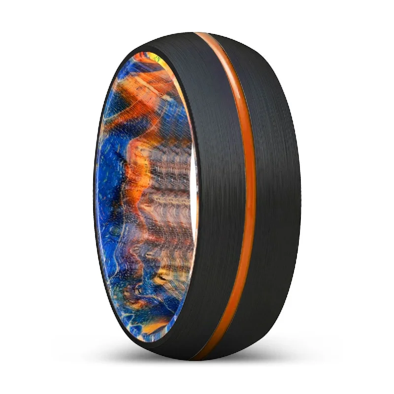 bridal rings for women-PRESTIGIOUS | Blue & Yellow/Orange Wood, Black Tungsten Ring, Orange Groove, Domed