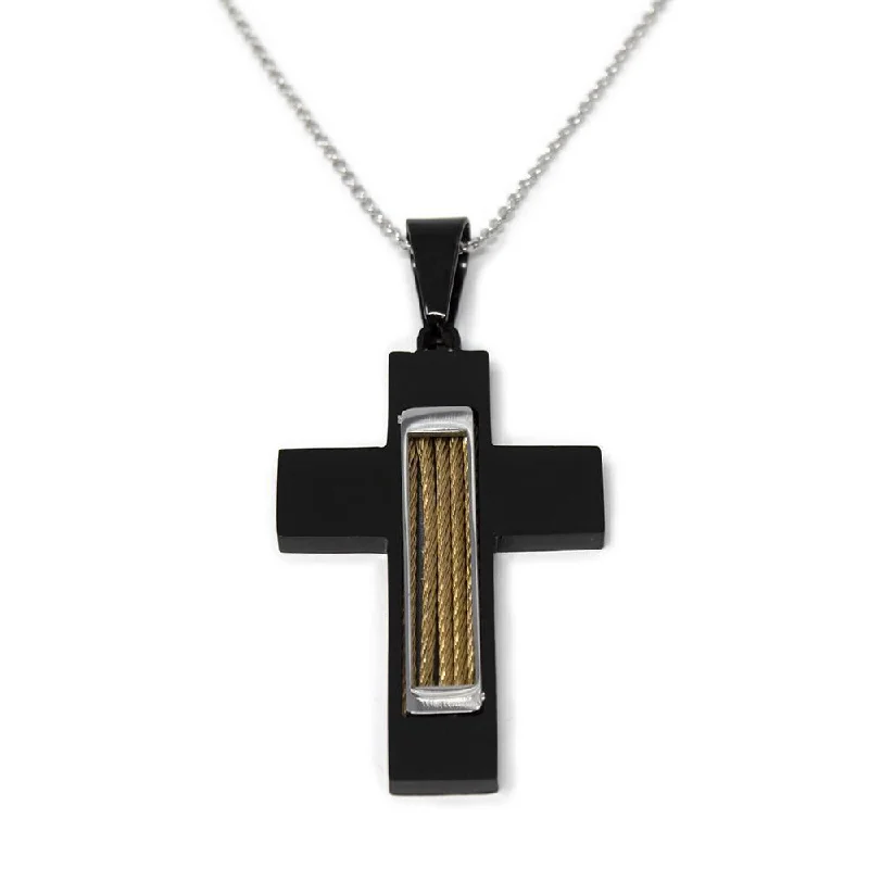 vintage-inspired necklaces for women-Stainless Steel Black Cross with Cable Inlay Pendant Necklace