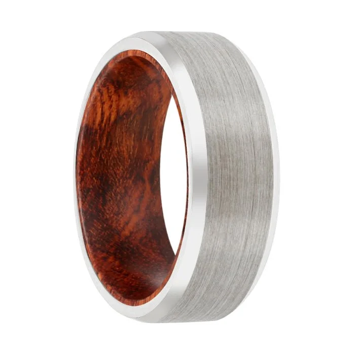 chic rings for women-GORGON | Snake Wood, Silver Tungsten Ring, Brushed, Beveled