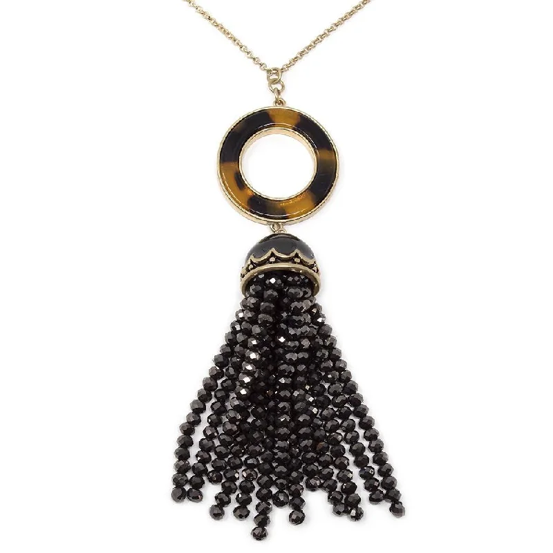 chic necklaces for women-Long Gold Tone Necklace Turtle Enamel Black Bead Tassel