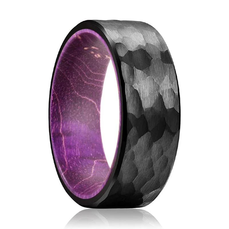 gold wedding bands for women-OBSIDIROYAL | Purple Wood, Black Tungsten Ring, Hammered, Flat