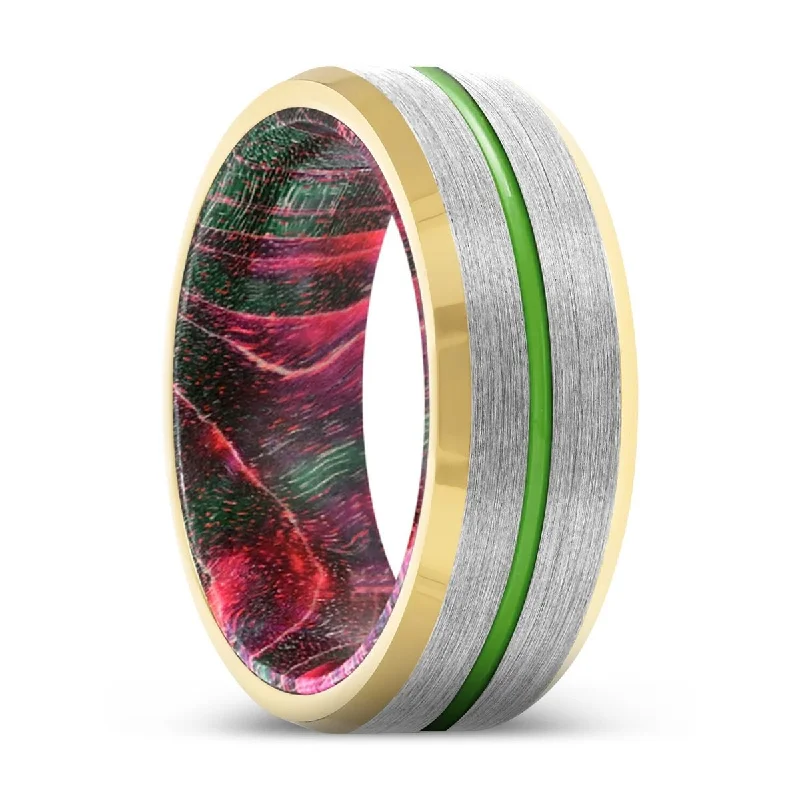 exclusive rings for women-NADLER | Green and Red Wood, Silver Tungsten Ring, Green Groove, Gold Beveled Edge