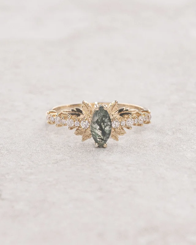 luxury platinum engagement rings for women-Marquise cut moss agate engagement ring, nature inspired gold leaf ring / Verbena