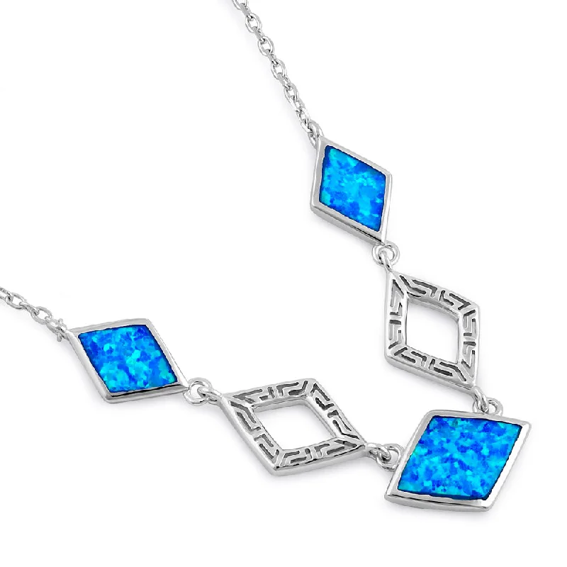 luxury necklaces for women-Sterling Silver Blue Lab Opal Greek Diamond Necklace