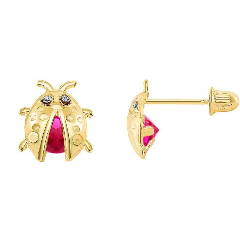 chic dangling earrings for women-14k Yellow Gold Red and White Cubic-Zirconia Ladybug Stud Earrings with Screw Back