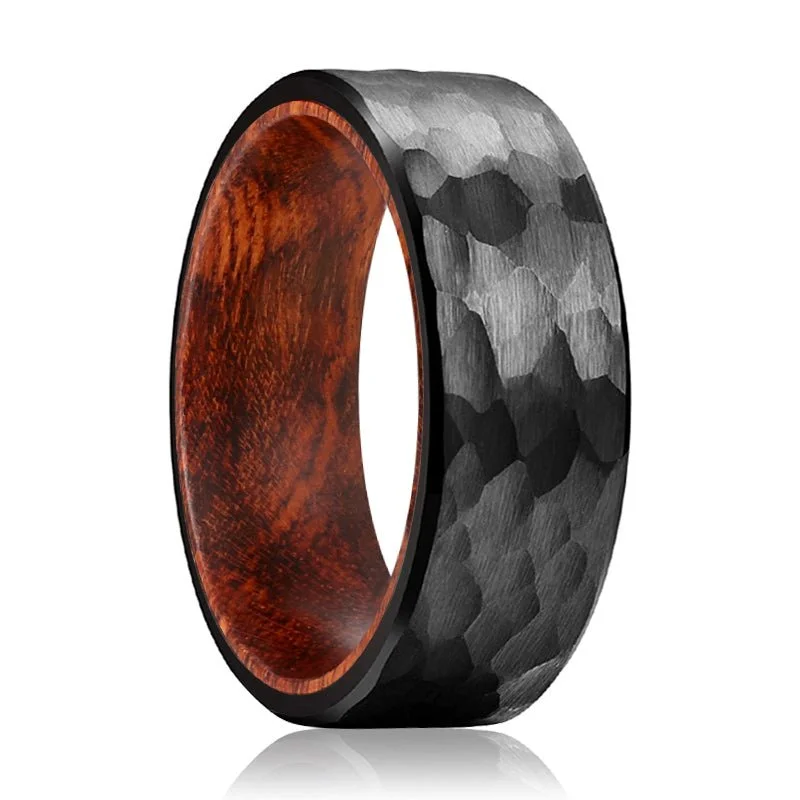 classic rings for women-TANGLE | Snake Wood, Black Tungsten Ring, Hammered, Flat