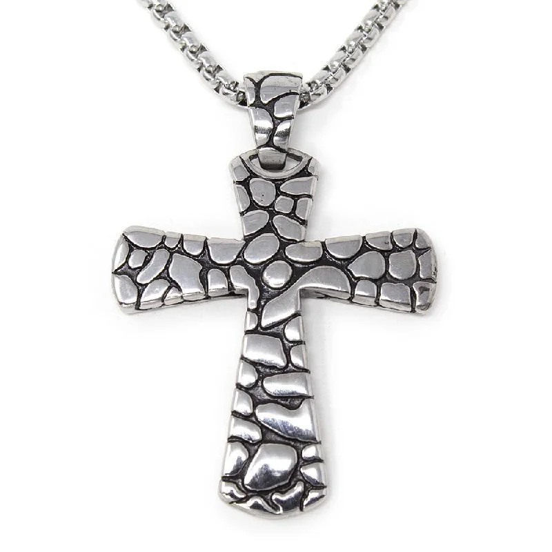 custom name necklaces for women-Stainless Steel Textured Cross Pendant Necklace