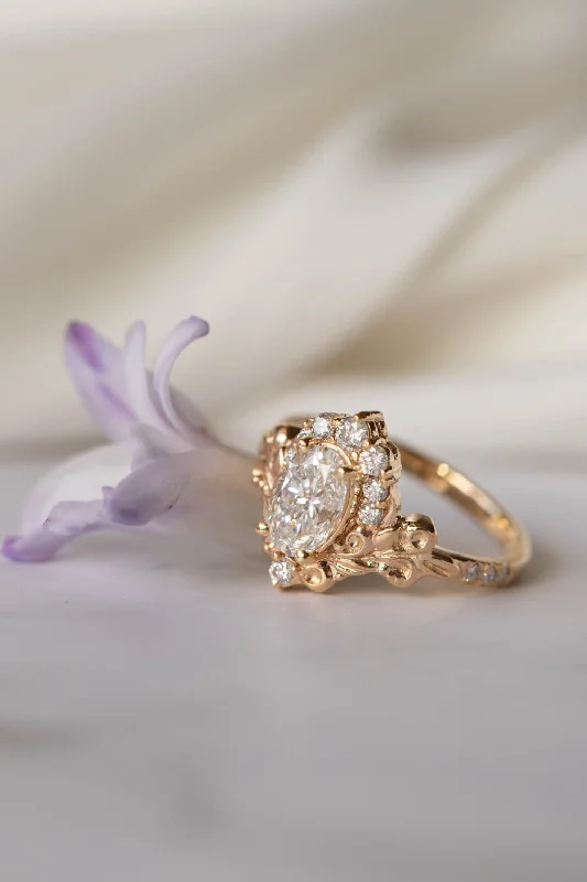 elegant engagement rings for women-Lab grown diamond engagement ring, nature inspired gold ring with diamond halo / Sophie