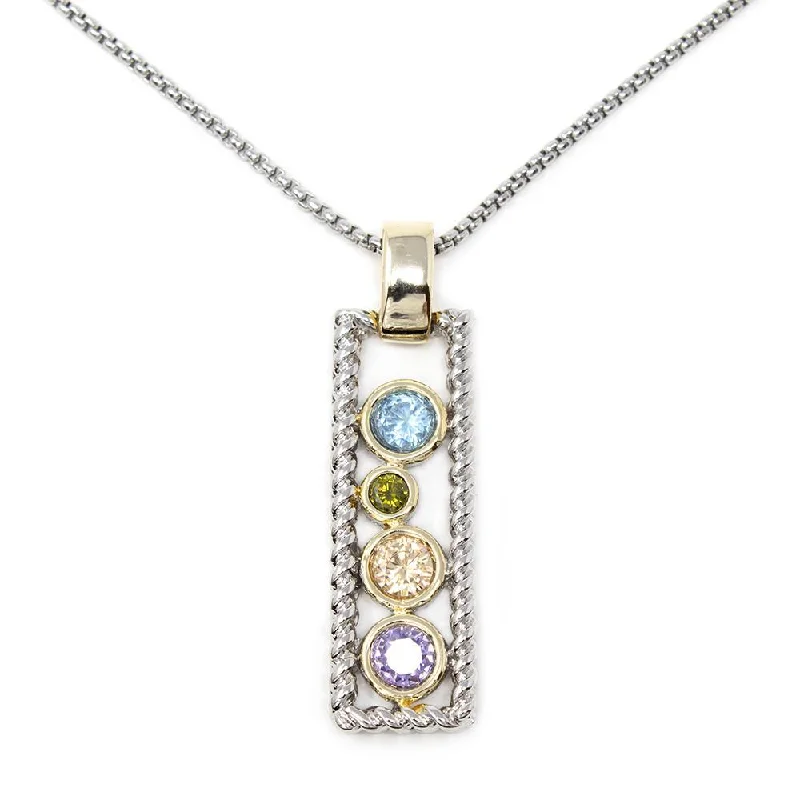 modern necklaces for women-Two Tone Necklace with Multicolor CZ Square Pendant