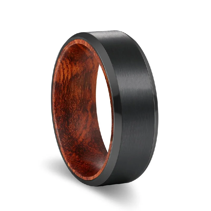 statement rings for women-STRIKER | Snake Wood, Black Tungsten Ring, Brushed, Beveled