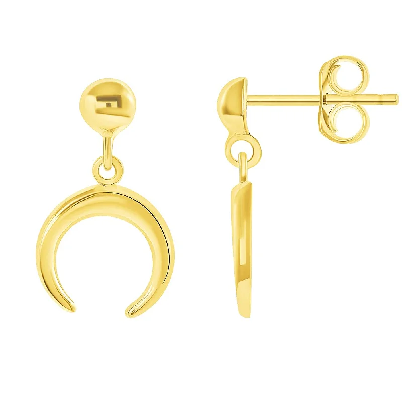 affordable diamond earrings for women-Solid 14k Yellow Gold Double Horn Crescent Moon Dangling Drop Stud Earrings with Friction Push Back