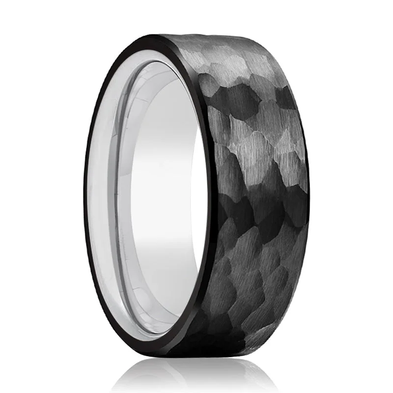 pearl rings for women-RIDER | Silver Ring, Black Tungsten Ring, Hammered, Flat