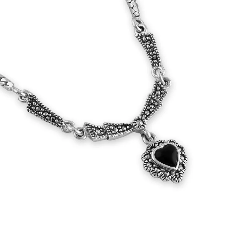 silver chain necklaces for women-Sterling Silver Victorian Black Onyx Heart Halo Marcasite Necklace