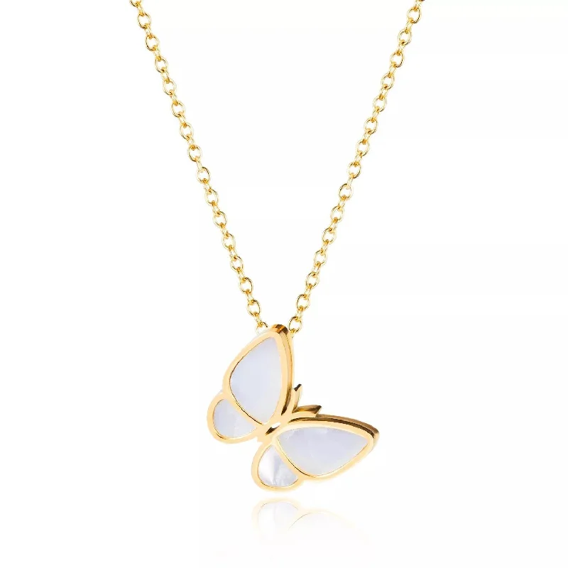 gemstone drop necklaces for women-Stainless Steel MOP Butterfly Pendant 16" Chain Necklace Gold Plated