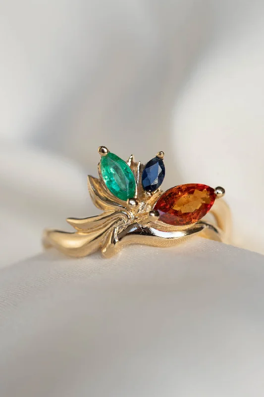 sparkling engagement rings for women-Cluster engagement ring, gold nature inspired ring with marquise cut gemstones / Strelitzia