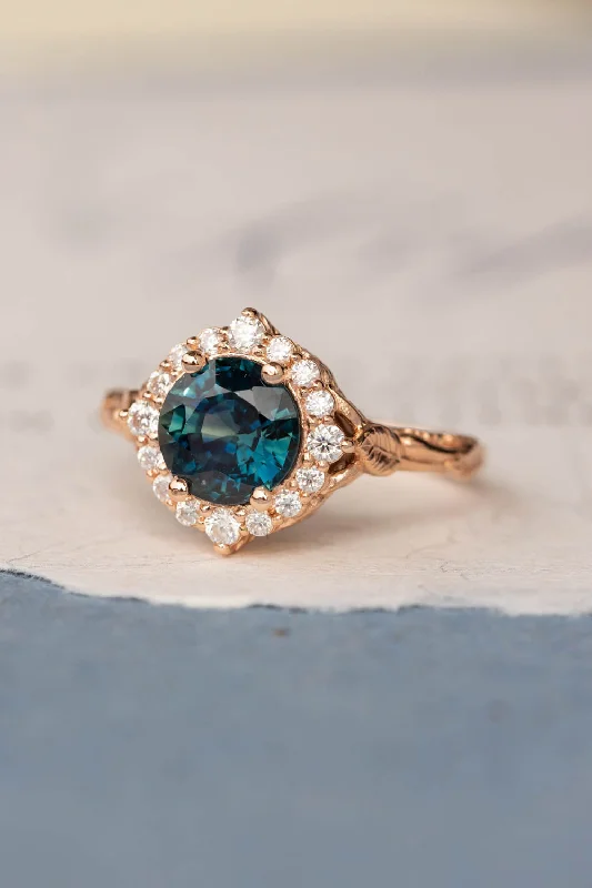 custom engagement rings with diamonds for women-Gorgeous teal sapphire engagement ring with diamond halo, nature inspired gold ring with 2.3 carat sapphire and diamonds / Florentina