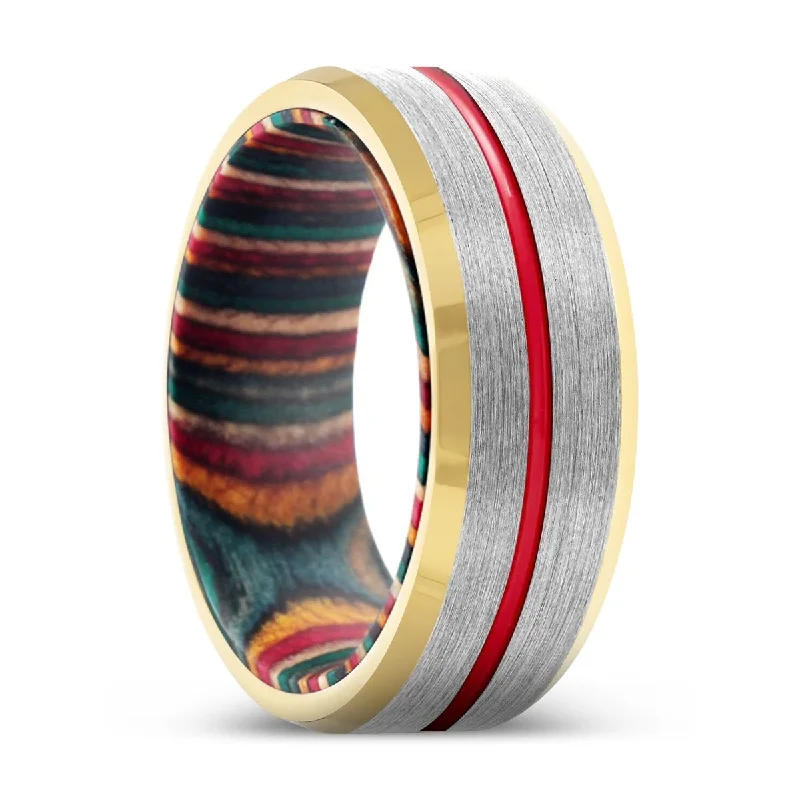 minimalistic rings for women-TRIBUTARY | Multi Color Wood, Silver Tungsten Ring, Red Groove, Gold Beveled Edge