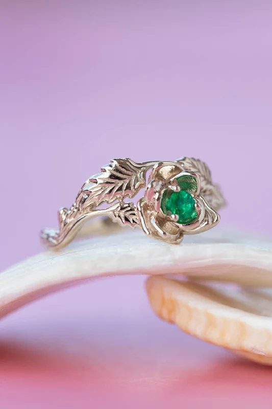 engagement rings with colorful stones for women-Emerald rose shaped engagement ring, white gold flower proposal ring / Blooming Rose