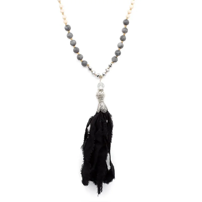 classic necklaces for women-Beaded Necklace with Fabric Tassel Wood Black