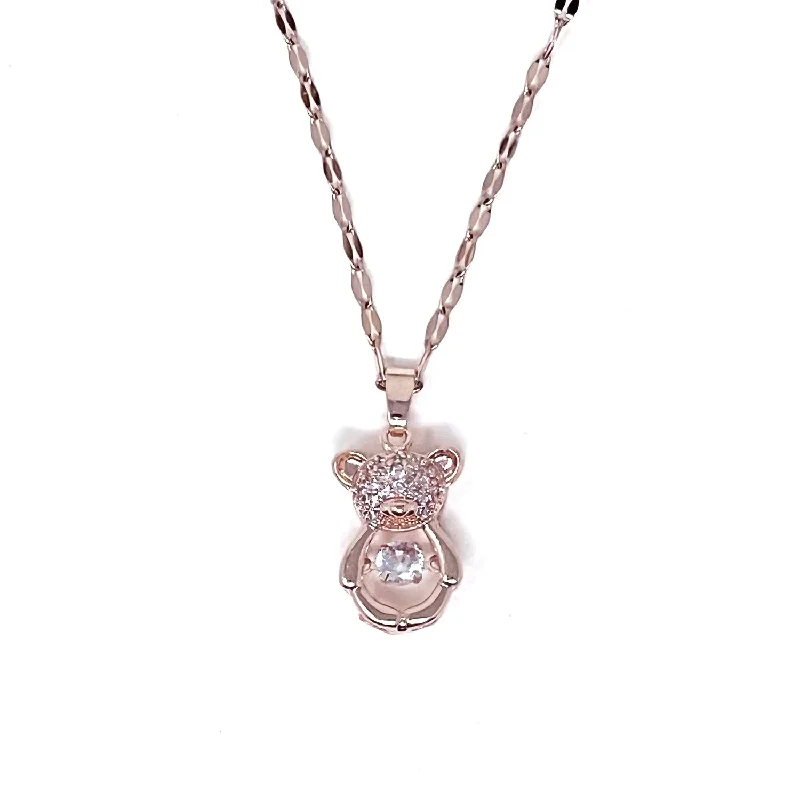 heart-shaped necklaces for women-Stainless Steel CZ Pave Teddy Bear Pendant Necklace Rose Gold Plated