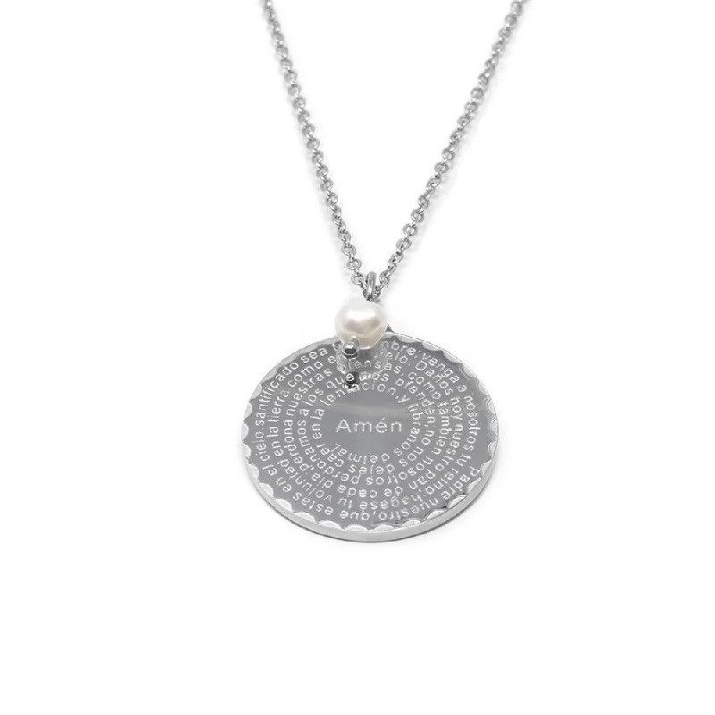 matching wedding necklaces for women-Stainless Steel Pearl Prayer Disc Necklace