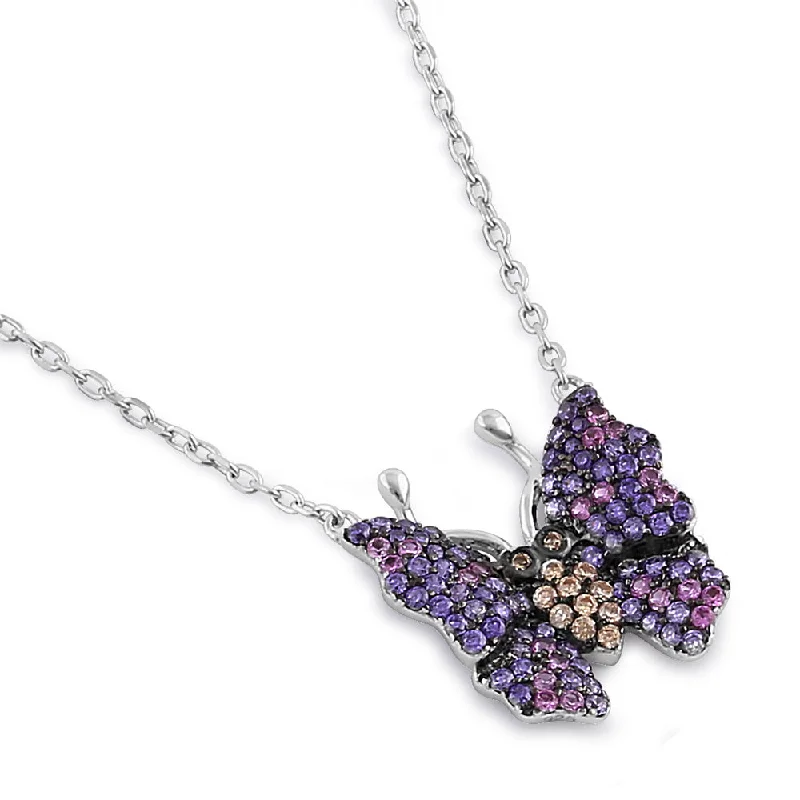 elegant necklaces for women-Sterling Silver Chic Butterfly Round Cut Amethyst, Ruby and Brown CZ Necklace