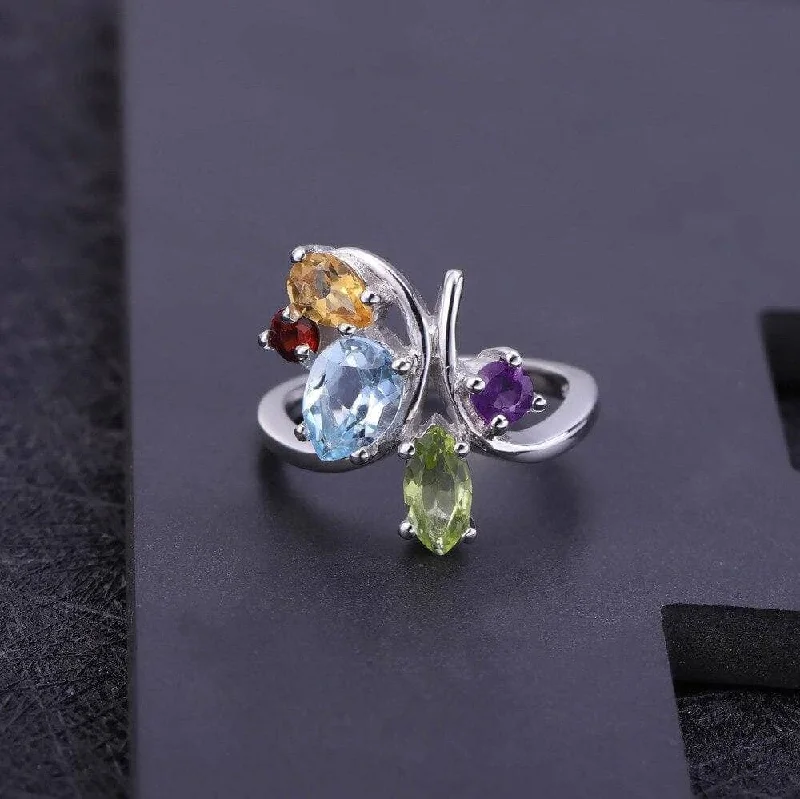 romantic diamond engagement rings for women-Flower Multicolor Natural Cocktail Ring