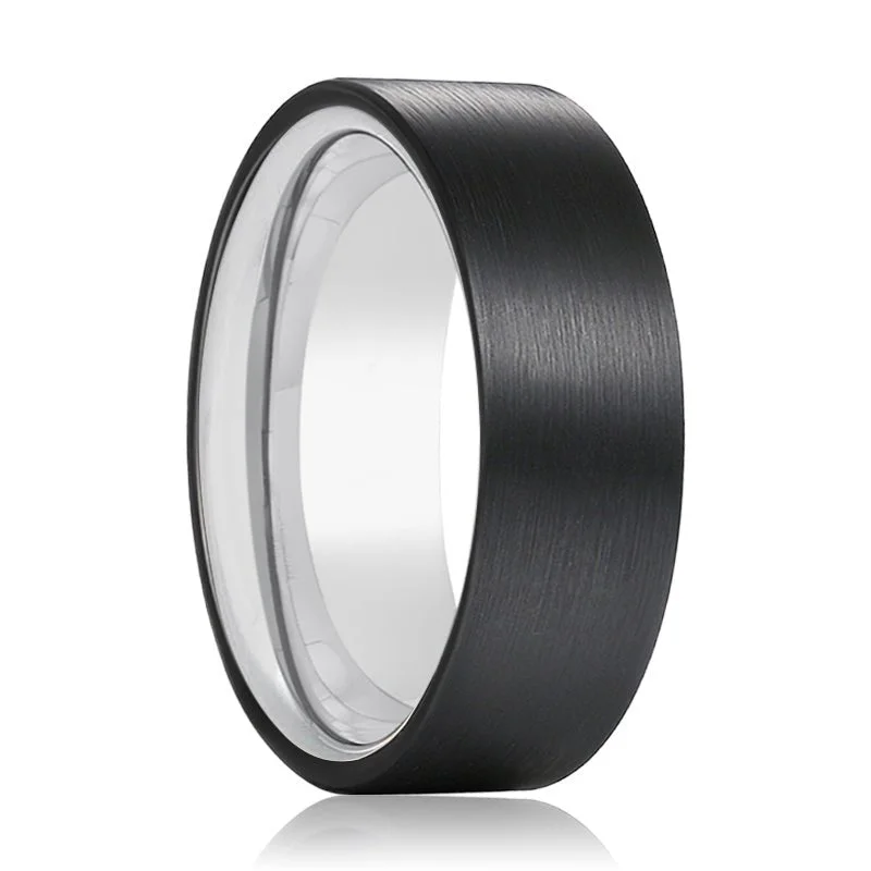 custom silver rings for women-SOUL | Silver Tungsten Ring Black Brushed Flat