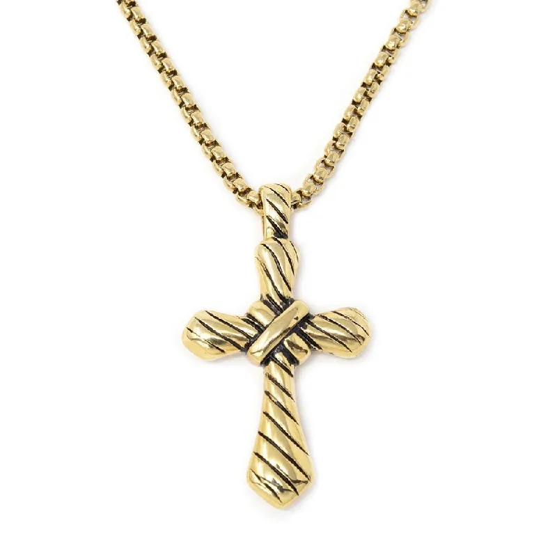 charm necklaces for women-Stainless Steel Necklace W Striped Cross Pendant Gold Pl