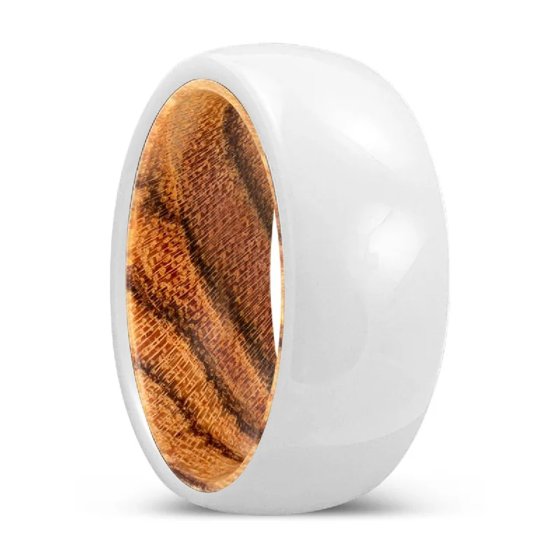 high-quality rings for women-BREEZE | Bocote Wood, White Ceramic Ring, Domed