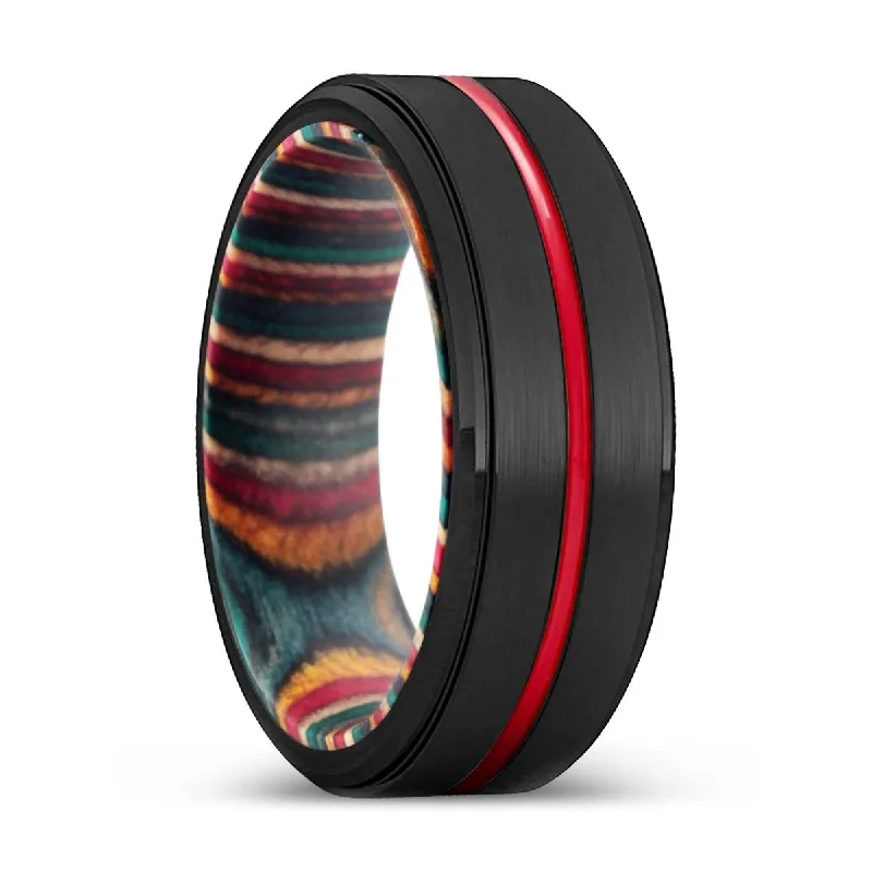 high-end rings for women-HANDSOME | Multi Color Wood, Black Tungsten Ring, Red Groove, Stepped Edge