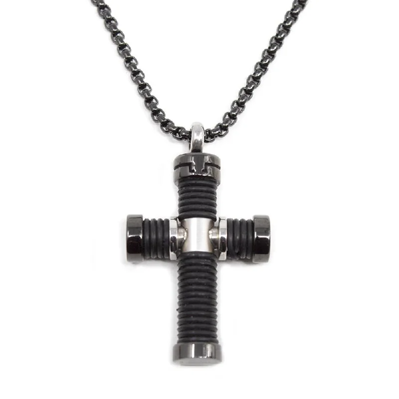 fashion necklaces for women-Men's Stainless Steel Black Necklace with Spring Cross Pendant