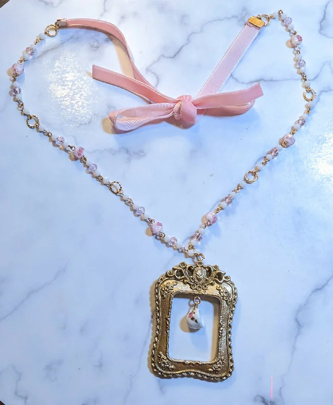 rose gold necklaces for women-Rose Rectangle Frame Necklace