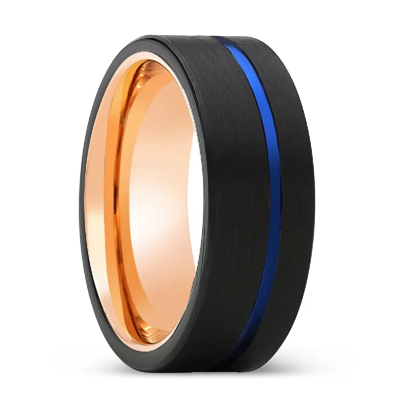 antique rings for women-BURNOUT | Rose Gold Ring, Black Tungsten Ring, Blue Offset Groove, Flat