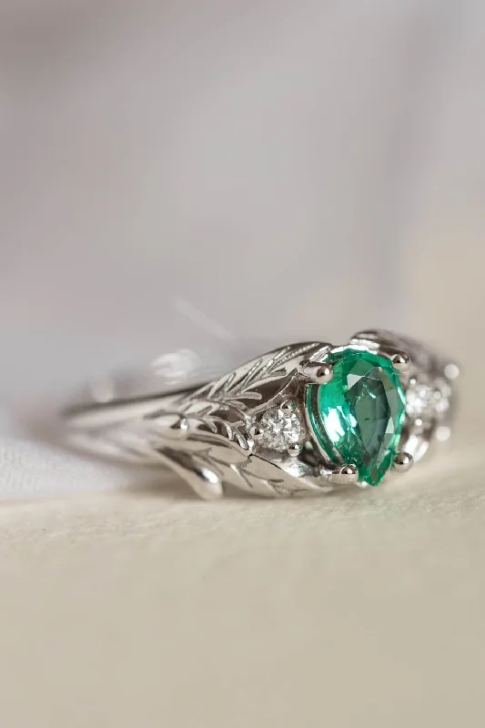 cushion-cut engagement rings for women-Natural emerald engagement ring with side diamonds / Wisteria