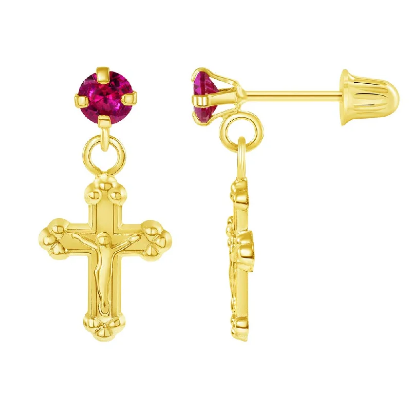 gemstone earrings for women-14k Yellow Gold Cubic-Zirconia Religious Cross Crucifix Dangling Drop Stud Earrings with Screw Back