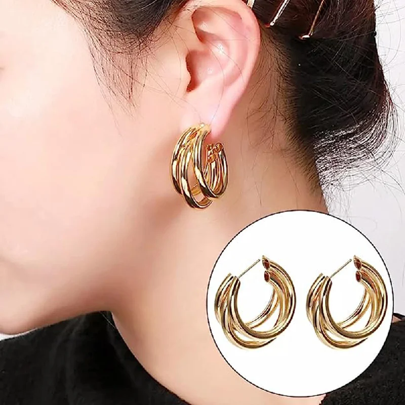 sterling silver earrings for women-Subhag Alankar Gold Tripple Hoop Earring For Girls and Women.