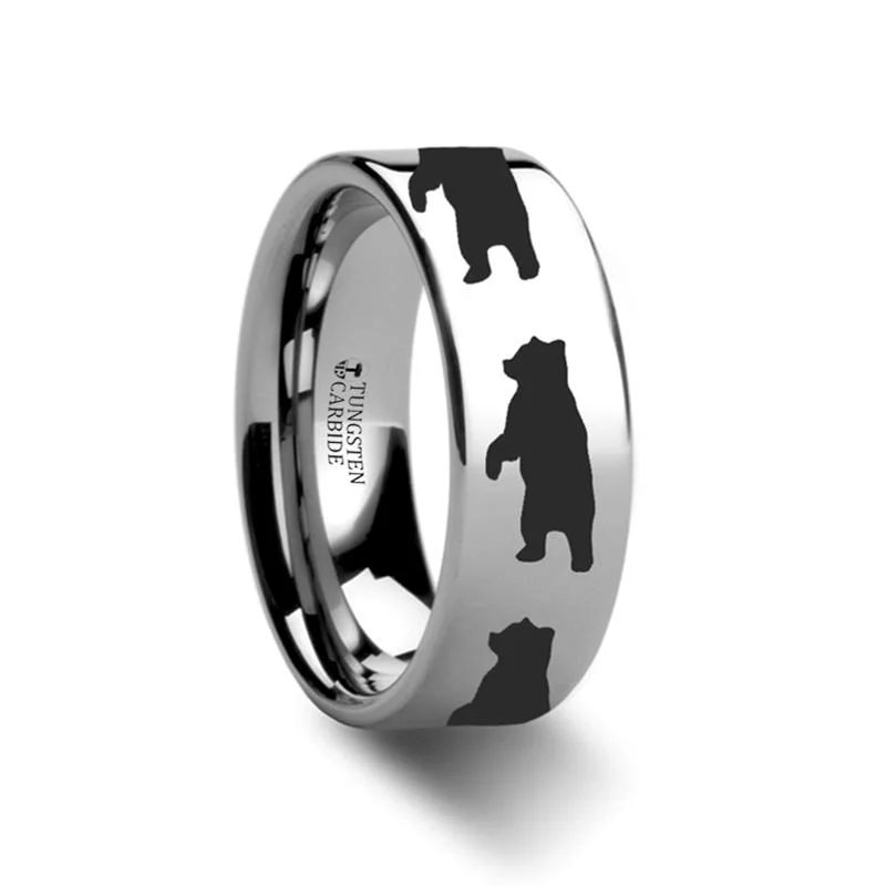 custom silver rings for women-Flat Polished Tungsten Carbide Wedding Band for Men and Women with Laser Engraved Standing Bear Print - 4MM - 12MM