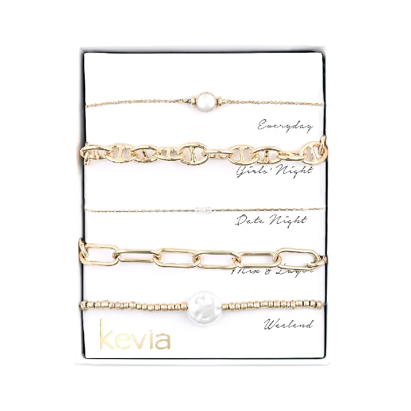 bridesmaid bracelets for women-Gold Link & Pearl Bracelet Set