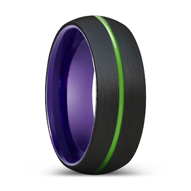 bridal rings for women-HAMLET | Purple Ring, Black Tungsten Ring, Green Groove, Domed