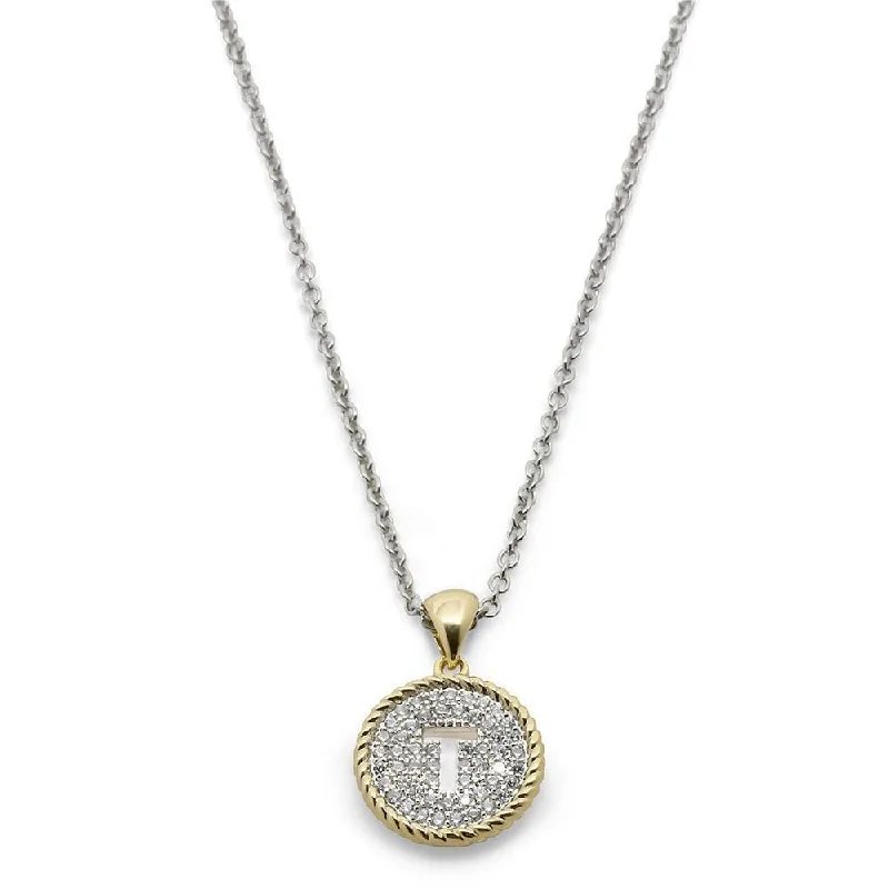 diamond necklaces for women-Two Tone Necklace Round Pave Initial - T