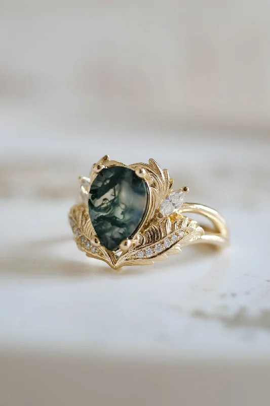 luxury engagement rings for brides-One of a kind moss agate engagement ring, unique gold proposal ring with diamonds / Adonis