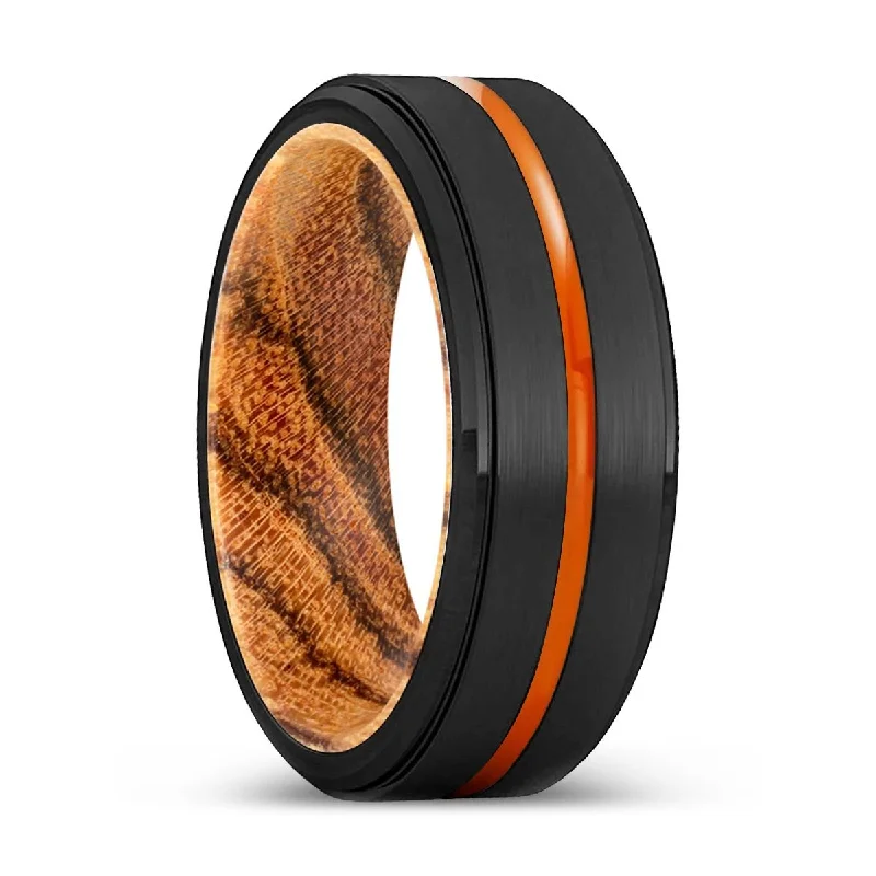 adjustable rings for women-MODESTO | Bocote Wood, Black Tungsten Ring, Orange Groove, Stepped Edge