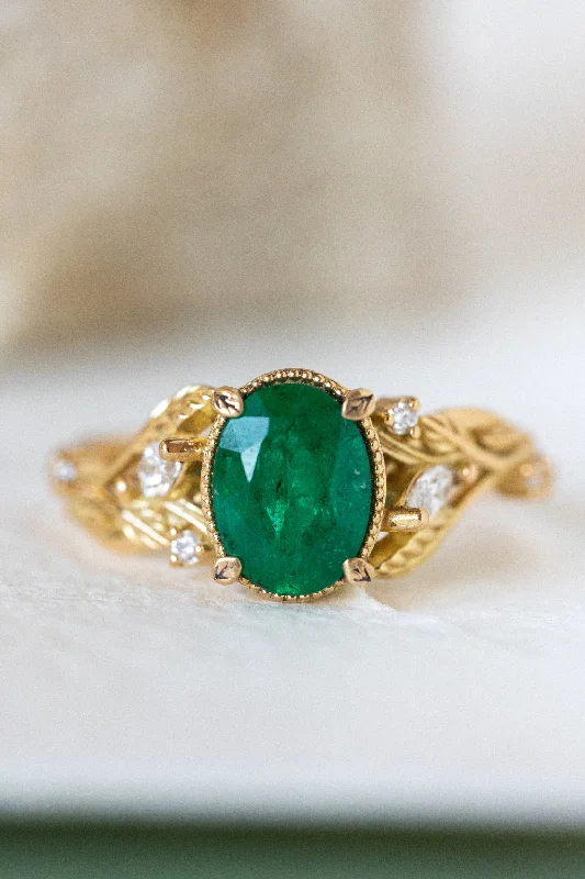 oval engagement rings for women-Natural emerald and diamonds engagement ring, gold nature inspired engagement ring / Patricia